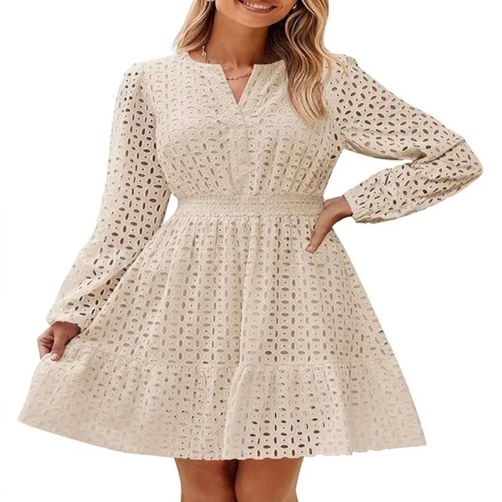 Vestito a Manica Lunga con Ricamo a Occhielli Scollo a V Donna Poliestere Acrilico Abito a Trapezio Mini Vita Larga Stile Occidentale