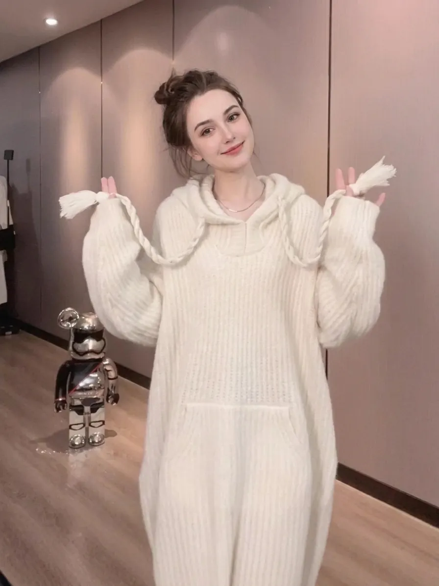 Suéter con Capucha y Cordón Estilo Relajado para Mujer Color Sólido Punto Manga Larga Bolsillos Top para Uso Diario Otoño Invierno