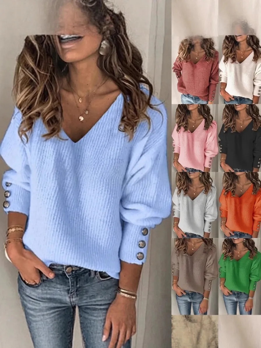Maglione da Donna Casual con Scollo a V a Costine a Maniche Lunghe Maglietta a Tinta Unita Larga con Bottoni Decorativi sui Polsini