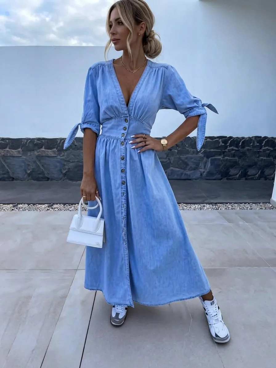 Dames Elegante V-Hals Enkele Rij Knoppen Maxi Jurk Korte Mouw Strik Taille Effen Bloemen Bedrukte Zomer Jurk