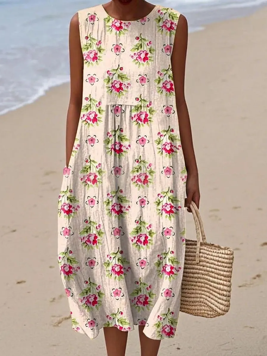 Women's Sleeveless Polyester Maxi Dress Casual Round Neck Printed A-Line Vacation Beach Summer Sundress with Pockets