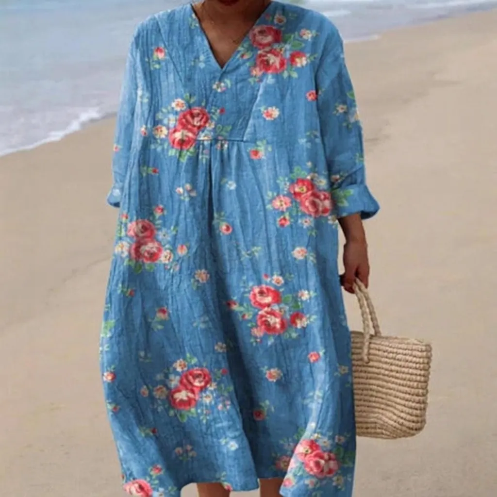 Women Casual V Neck Long Sleeve Printed Midi Dress Loose Bohemian A-Line Holiday Beach Dress Polyester Fashion Apparel