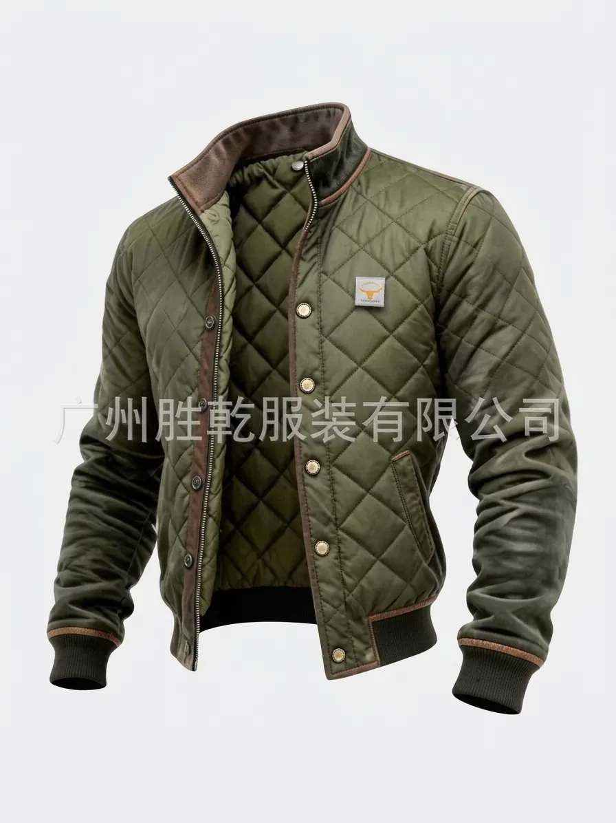 Men's Casual Stand Collar Quilted Jacket Solid Color Army Green Winter Padded Coat With Pockets For Outdoor Daily Wear