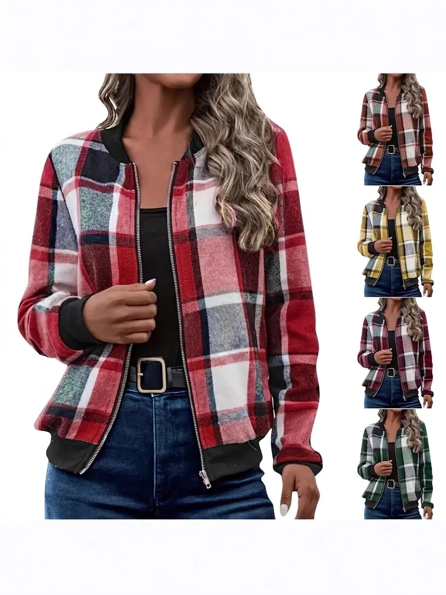 Women Retro Plaid Printed Zipper Jacket Long Sleeve Slim Fit Bomber Jacket Polyester Outerwear For Casual Daily Top