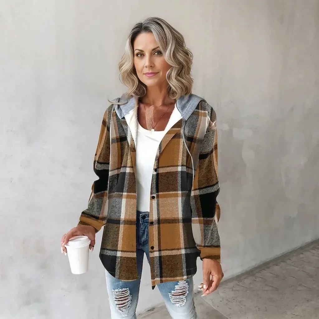 Women Plaid Hooded Shacket Casual Long Sleeve Button Down Shirt Jacket Loose Fit Contrast Color Autumn Winter Outerwear Top