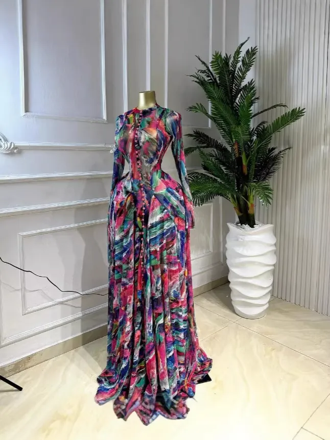 Sexy Tie-Dye Print Mesh Maxi Dress Long Sleeve Single Breasted Elegant Evening Party Formal Dress Polyester Women Clothing