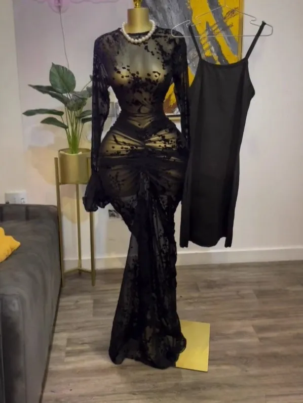 Women Long Sleeve Mesh Flocking Floral Maxi Dress Sexy Bodycon Ruched Two-Piece Set With Inner Slip