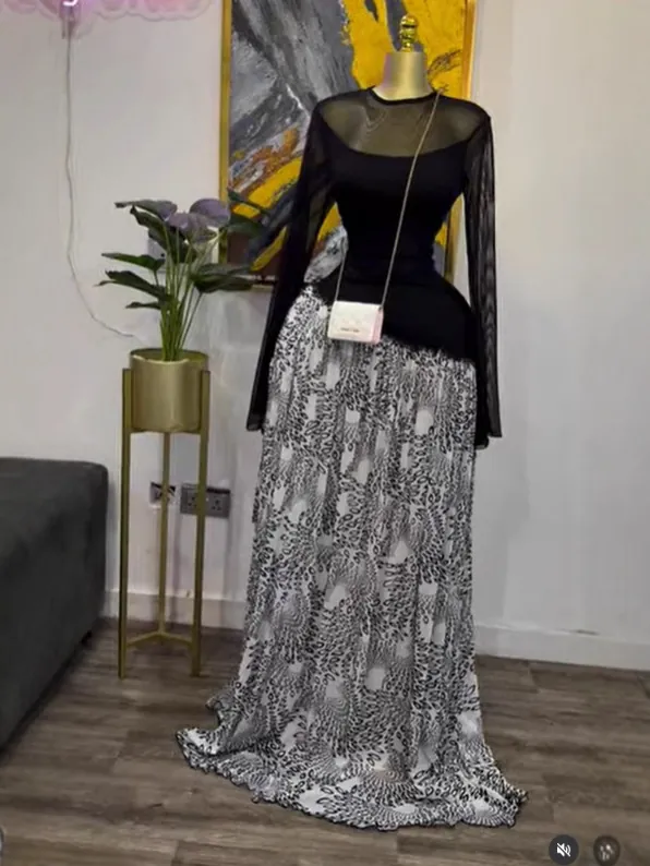 Femmes Robe Maxi Décontractée à Manches Longues en Maille Patchwork Élégante Taille Haute Imprimée Plissée Mode Automne