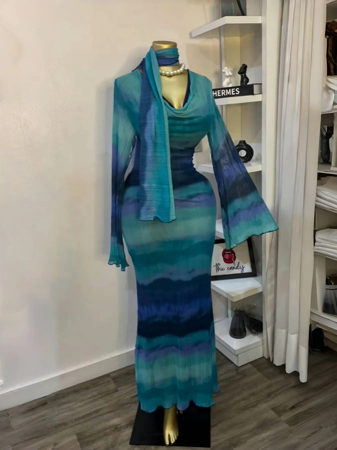 Vestito Maxi da Donna Elegante con Stampa Tie Dye Top And Bottom Manica Lunga Girocollo Aderente Abbigliamento in Poliestere con Sciarpa
