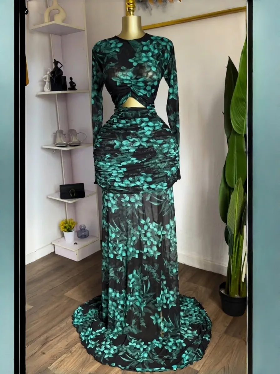 Women's Fashion Mesh Long Sleeve Printed Ruched Cutout Mermaid Maxi Dress Sexy Ruched Bodycon Fish Tail Party Gown Dress