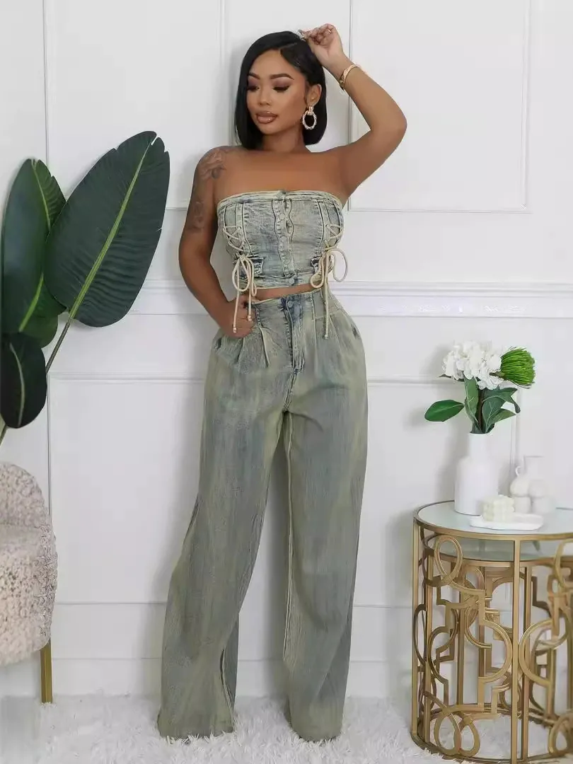 Conjunto de Mezclilla Lavada para Mujer Top Bandeau Sin Tirantes y Pantalones de Pierna Ancha Cintura Alta Dos Piezas Outfits