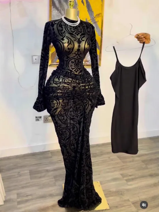 Vestido Maxi de Malla con Flocado Floral para Mujer Vestido de Sirena Ajustado Manga Larga con Combinación Interior