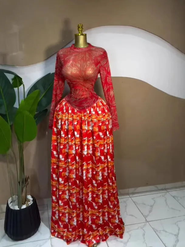 Dames Elegante Lange Mouw Ronde Hals Bedrukte Mesh Geplooide Maxi Jurk Vintage Floral Mesh Avondjurk Voor Bruiloft Feest Jurk