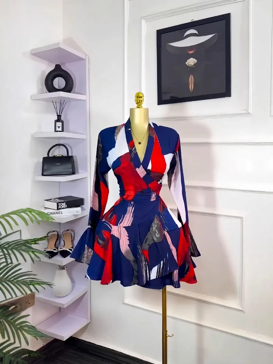 Women Sweet Abstract Print Mini Dress Elegant Long Sleeve V-Neck Pleated Wrap Dress With Belt Fashion Office Lady Party Dresses