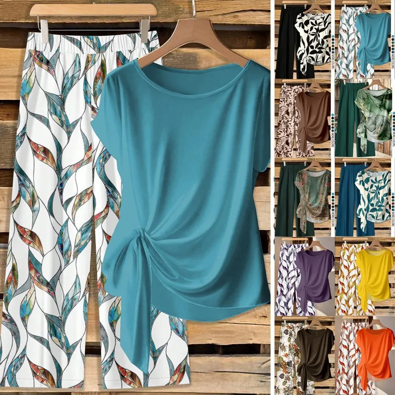Women Two Piece Set Short Sleeve Knot Top And Wide Leg Printed Pants Casual Polyester Loungewear Summer Outfit For Women