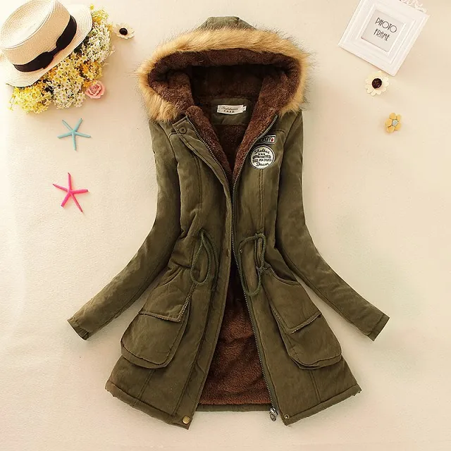 Women Mid-Length Hooded Parka Cotton Coat Faux Fur Collar Fleece Lined Winter Padded Jacket Windproof Warm Casual Outerwear Top