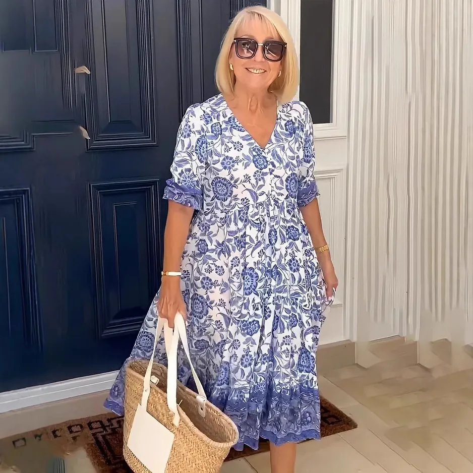 Women V Neck Floral Tie Dye Maxi Dress Polyester Printed Tiered Ruffle Sleeve Boho Casual Commuter Dress Long Sun Dress