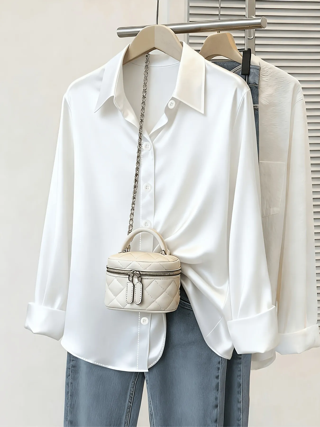 Camicia in Raso Taglie Forti Donna Manica Lunga Elegante Business Ufficio Colletto Rovesciato Monopetto Tinta Unita Top Poliestere