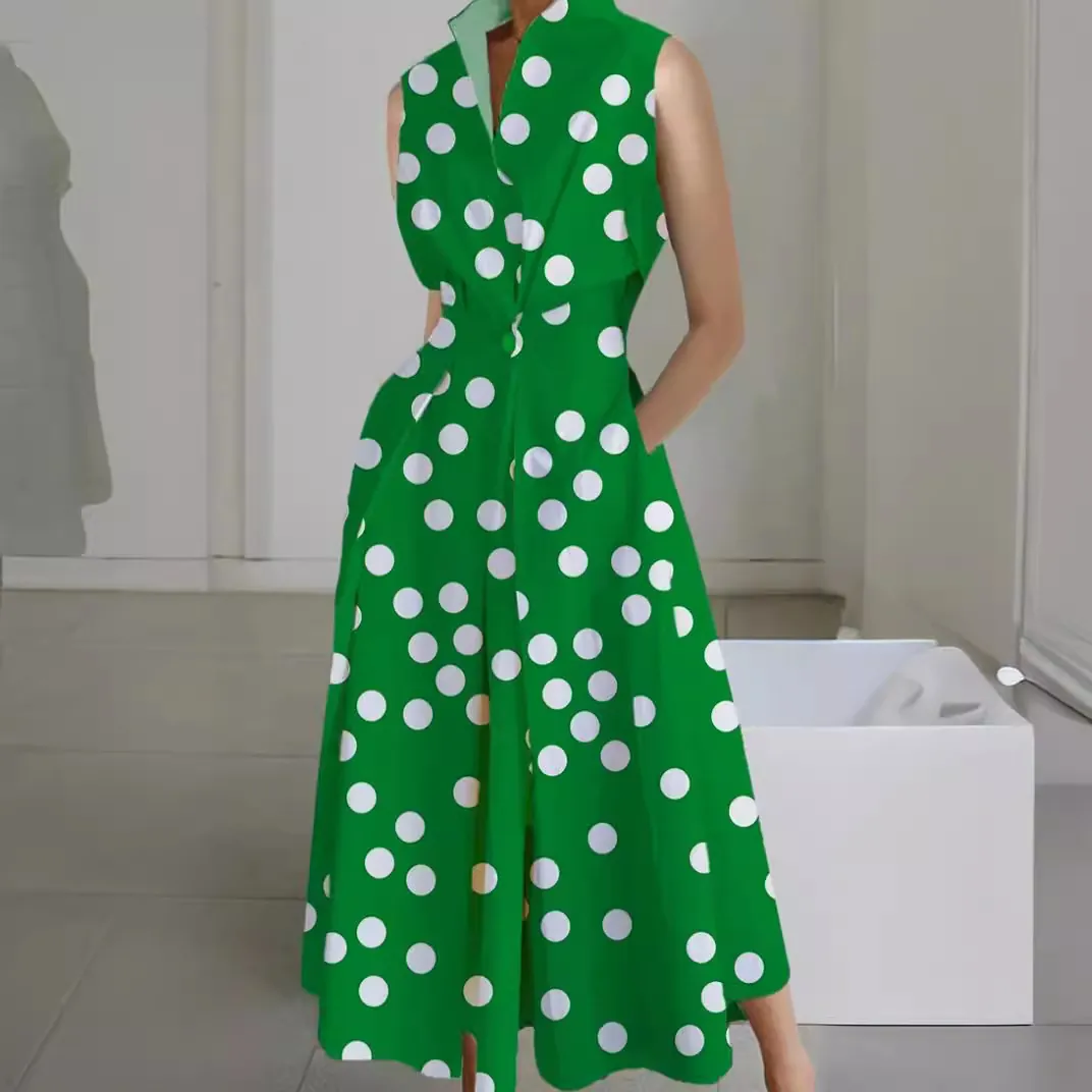 Women's V Neck Sleeveless Button Front Polka Dot Floral Printed Midi Dress Summer Fashion Casual Commuting Polyester Fishtail Dress