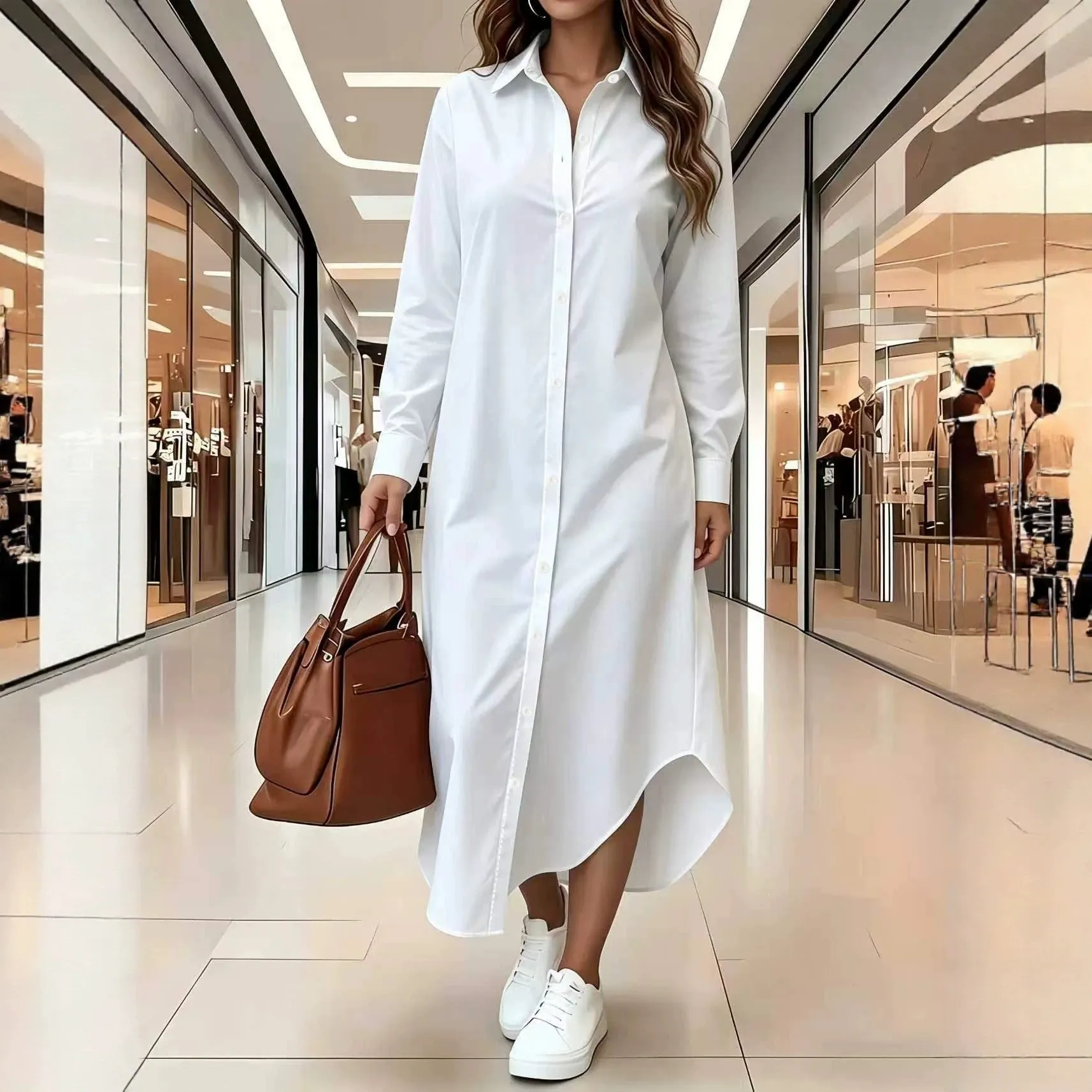 Plus Size Vrouwen Casual Effen Kleur Lange Overhemdjurk met Omgeslagen Kraag Enkelknoops Onregelmatige Zoom Mode Dagelijkse Kleding