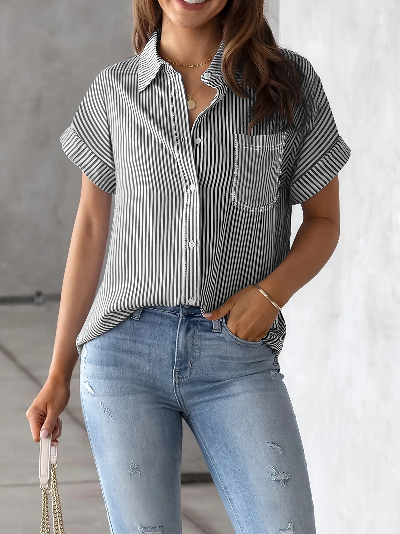 Camisa de Mujer de Talla Grande a Rayas de Manga Corta con Lazo Delantero Blusa con Botones Top Elegante Casual Cuello de Solapa