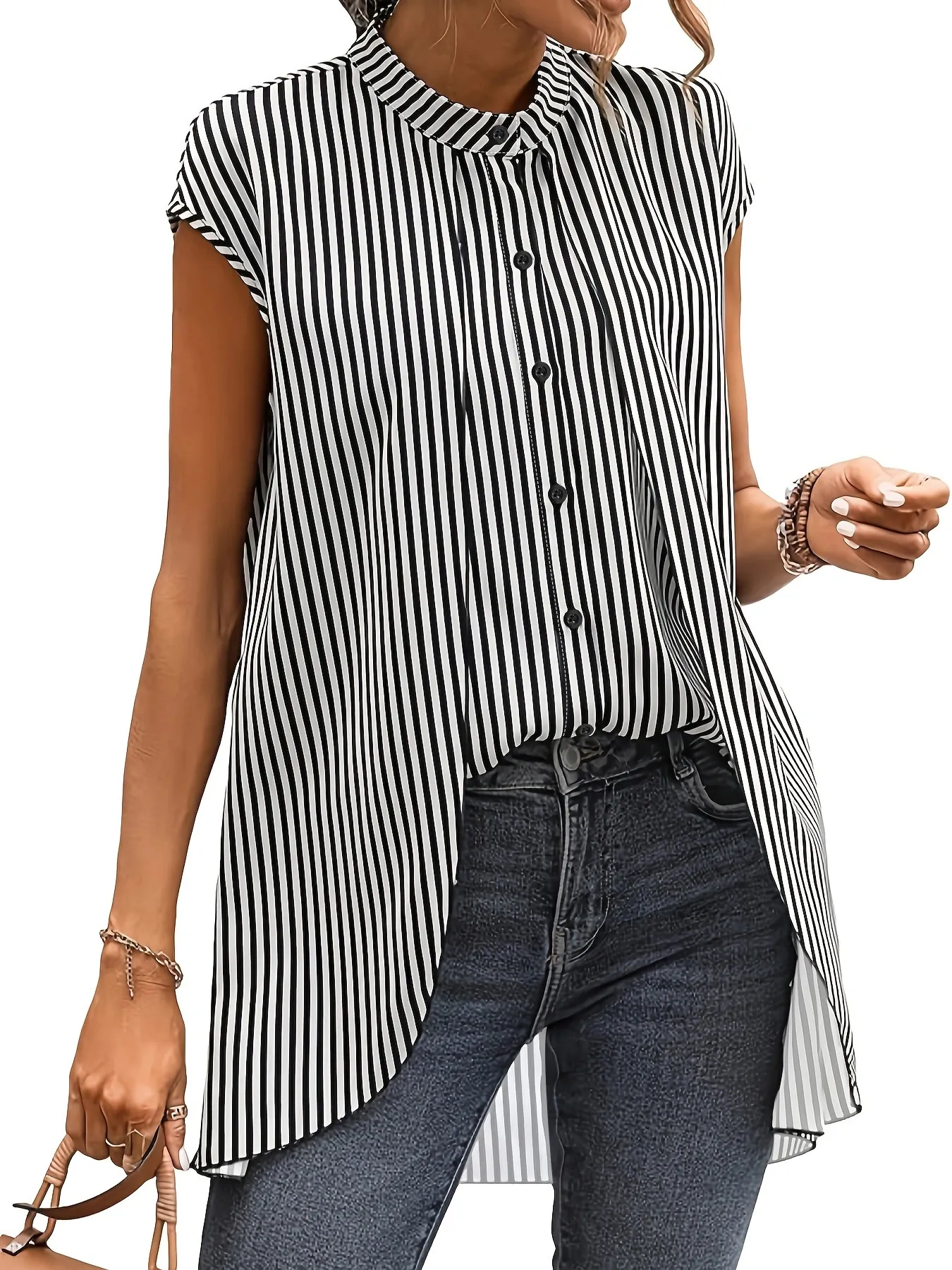 Damen Gestreift Mock Two-Piece Bluse Stehkragen Kurzarm Hemd Casual Locker Lang Tunika Top Für Den Alltag