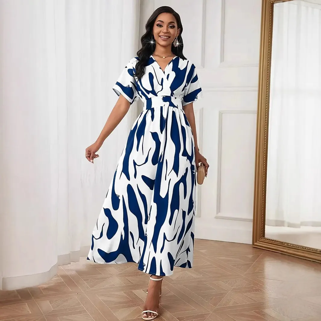 Women's Elegant Floral Print Maxi Dress V Neck Short Sleeve High Waist A-Line Long Dress For Summer Party Vacation Daily Wear