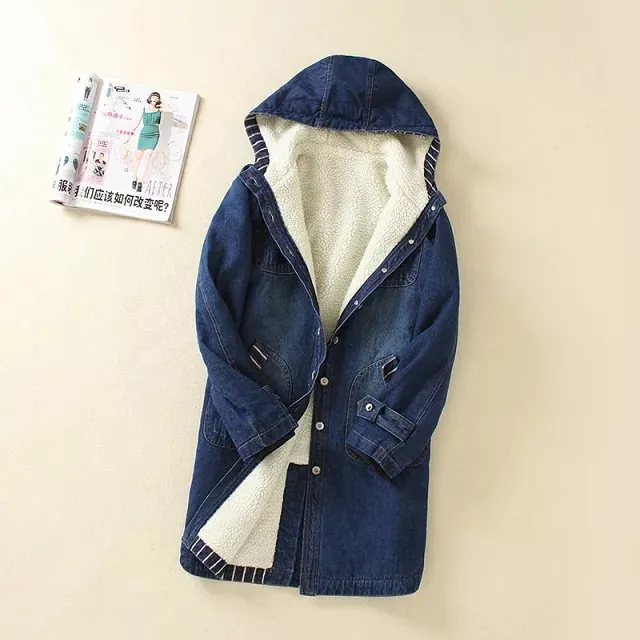 Women Mid-Length Hooded Denim Parka Fleece Lined Sherpa Jacket Winter Thickened Washed Single Breasted Warm Cotton Padded Coat