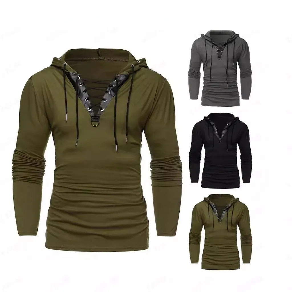 Felpa con Cappuccio Gotica Vintage da Uomo Punk Patchwork Ecopelle Cinturini Stringati Manica Lunga Slim Fit Top