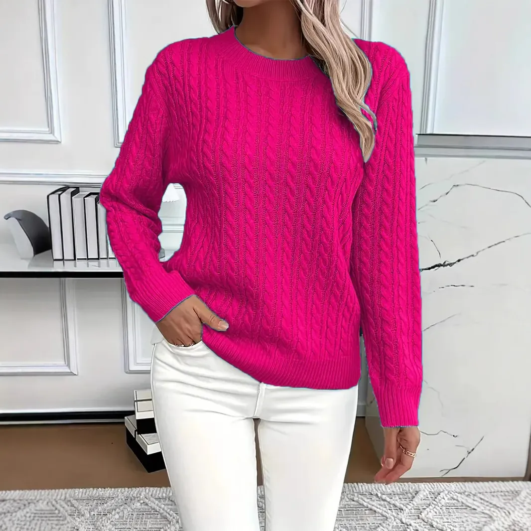 Women's Classic Cable Knit Crewneck Sweater Elegant Solid Color Knitted Pullover Top Long Sleeve Casual Fashion Jumper