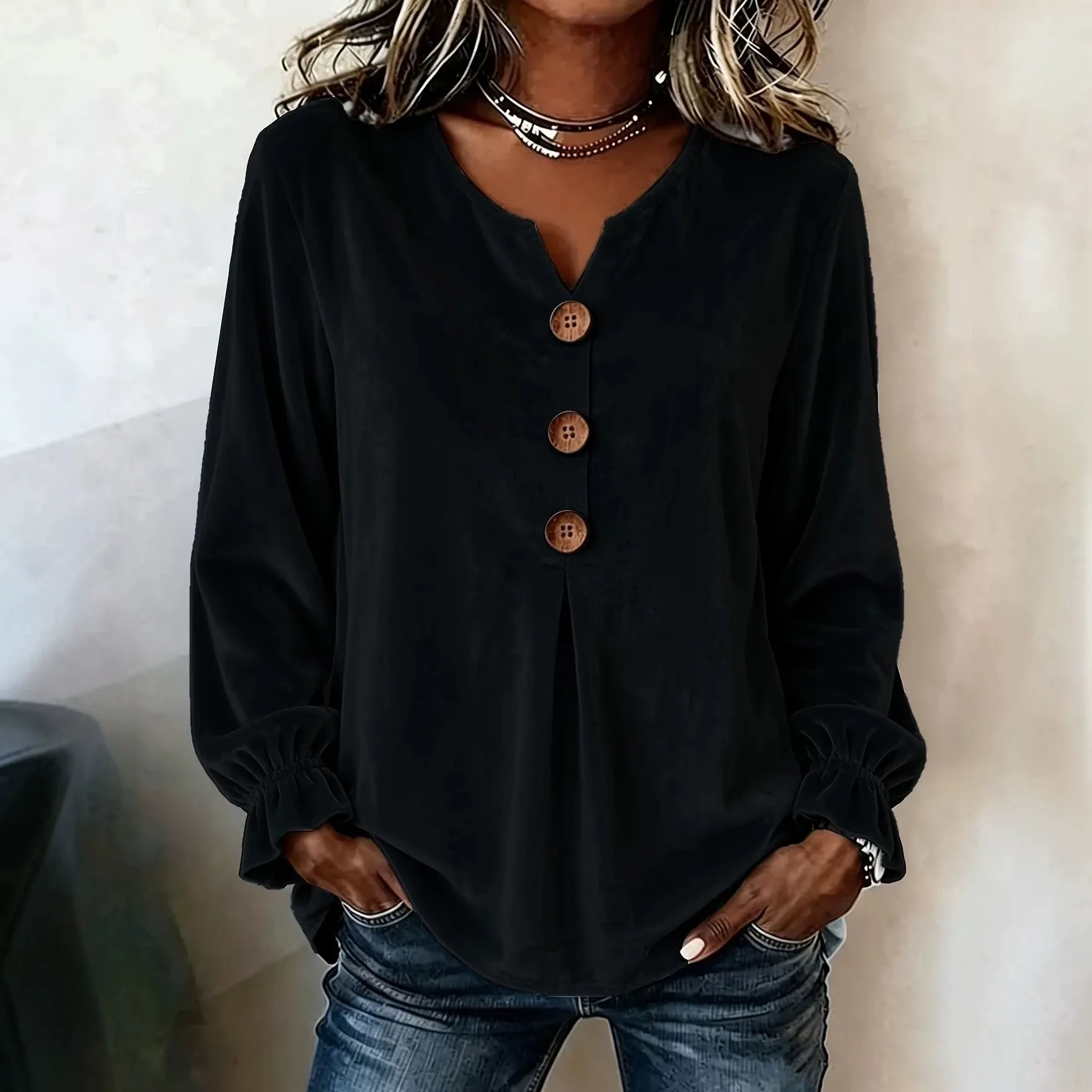 Dames V-hals Fluwelen Blouse Lange Klokmouwen Knoop Casual Overhemd Effen Kleur Mode Elegant Top Herfst Kleding