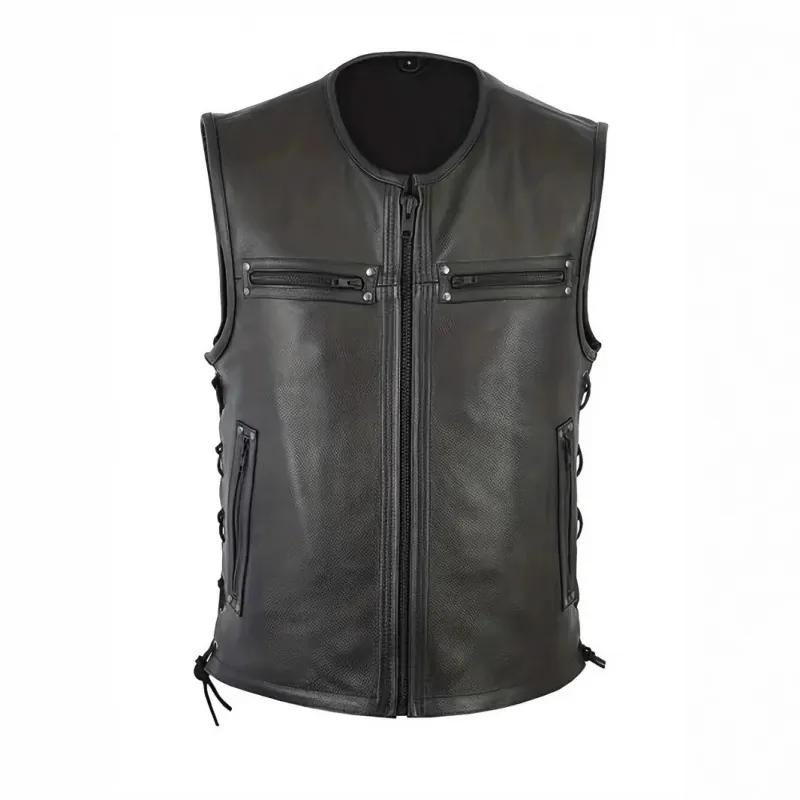 Gilet de Moto en Cuir de Cheval Véritable pour Hommes Punk Rivet Laçage Latéral Fermeture Éclair Veste sans Manches Biker Top
