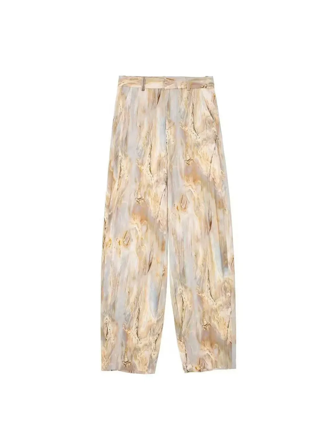 Pantalon Droit Imprimé Marbré Tie-Dye pour Femmes Texture Satinée Streetwear Décontracté Taille Moyenne Pantalon Long