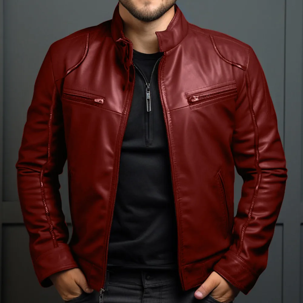 Herren Slim Fit PU Lederjacke Fleece Gefüttert Stehkragen Winddicht Oberbekleidung Mantel Für Herbst Winter Casual Business