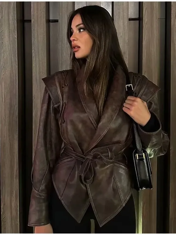Women Vintage Shawl Collar Faux Leather Jacket With Belt Retro Shoulder Lace-up Solid Long Sleeve PU Leather Outerwear Top