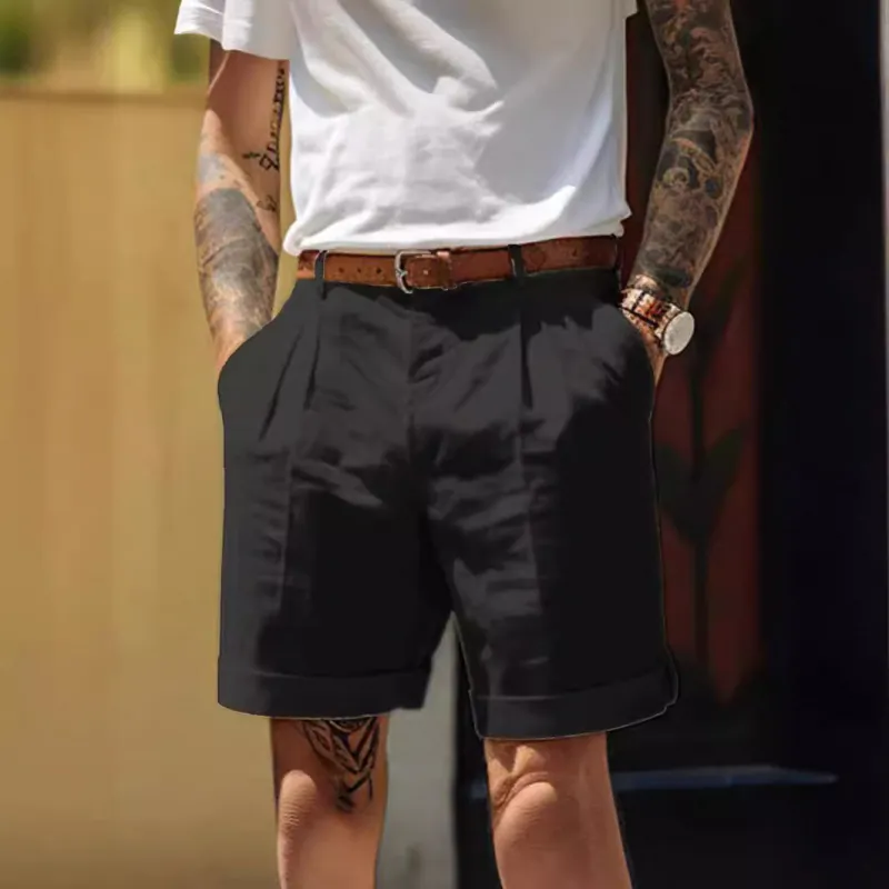 Men's Casual Cotton Shorts Summer Breathable Pleated Straight Leg Shorts With Side Pockets Cuffed Hem Lightweight Daily Wear
