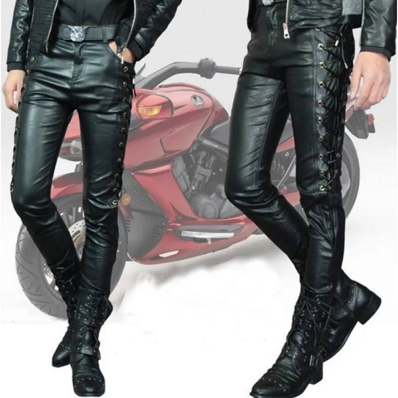 Pantaloni da Uomo in Pelle Sintetica PU Punk Rock Stringati Laterali Moto Biker Slim Fit Pantaloni Tinta Unita