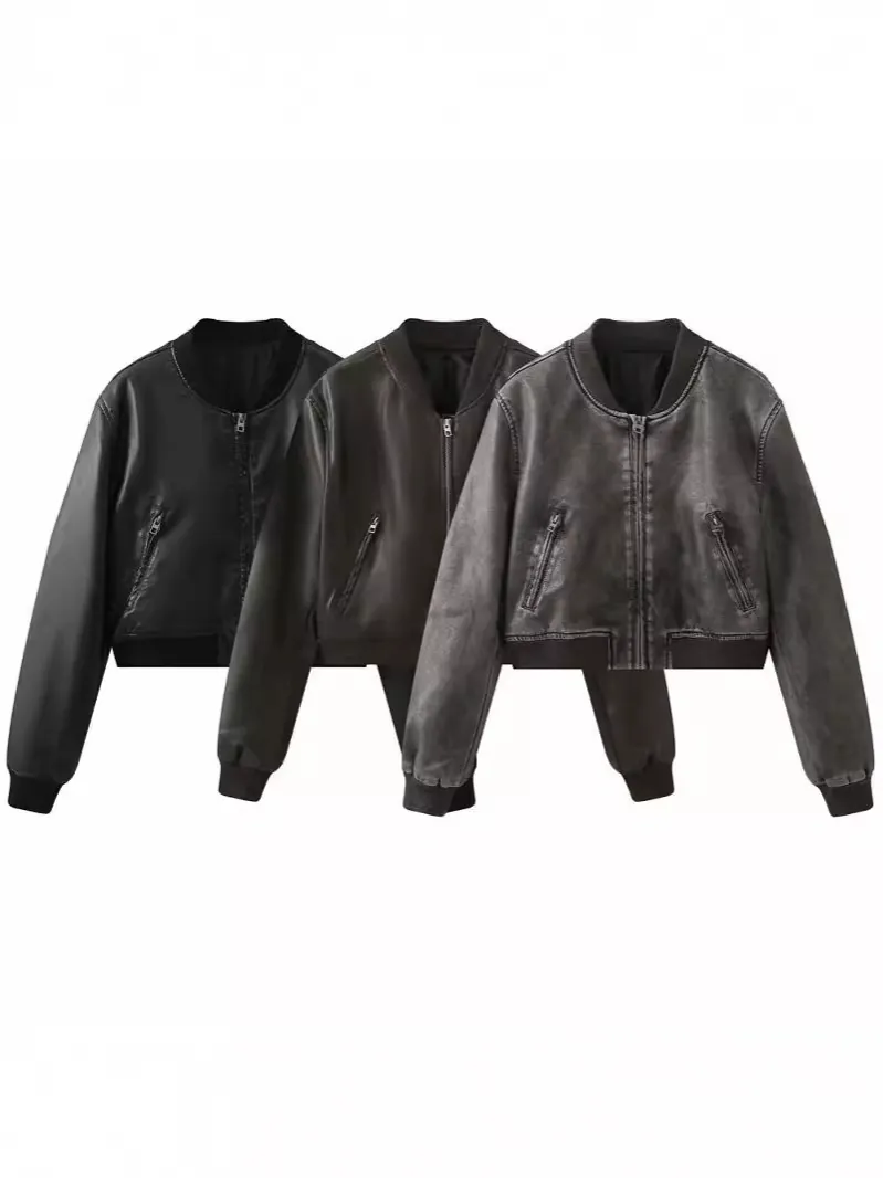 Giacca Bomber in Ecopelle da Donna Stile Moto Americano Collo in Piedi Chiusura a Zip Giubbotto Biker Corto