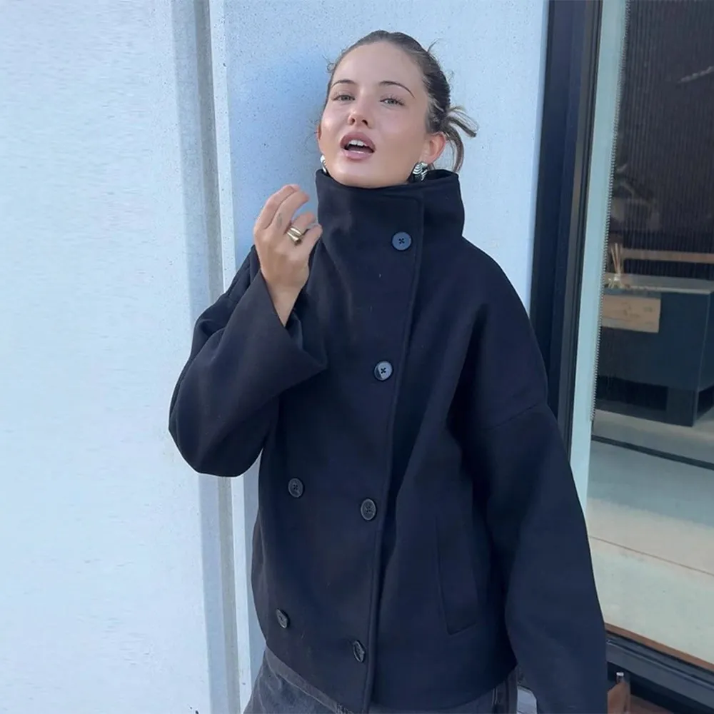 Neutral Style Women Woolen Short Coat Double Breasted Stand Collar Long Sleeve Pocket Commute Outerwear Jacket Polyester Cotton
