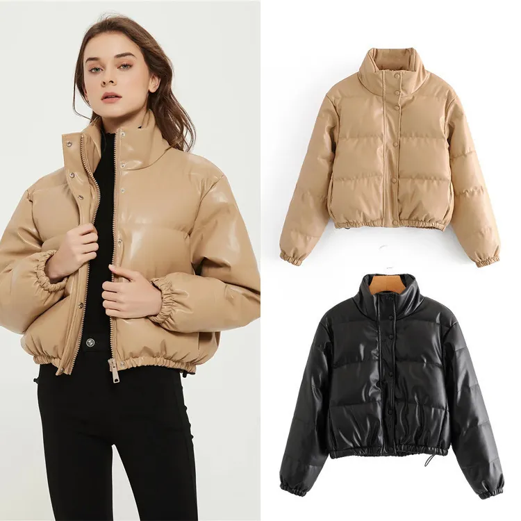 Damen Casual PU-Kunstleder Pufferjacke Stehkragen Gesteppt Warm Baumwolle Mantel Einfarbig Kurz Wattierte Jacke Outwear Top