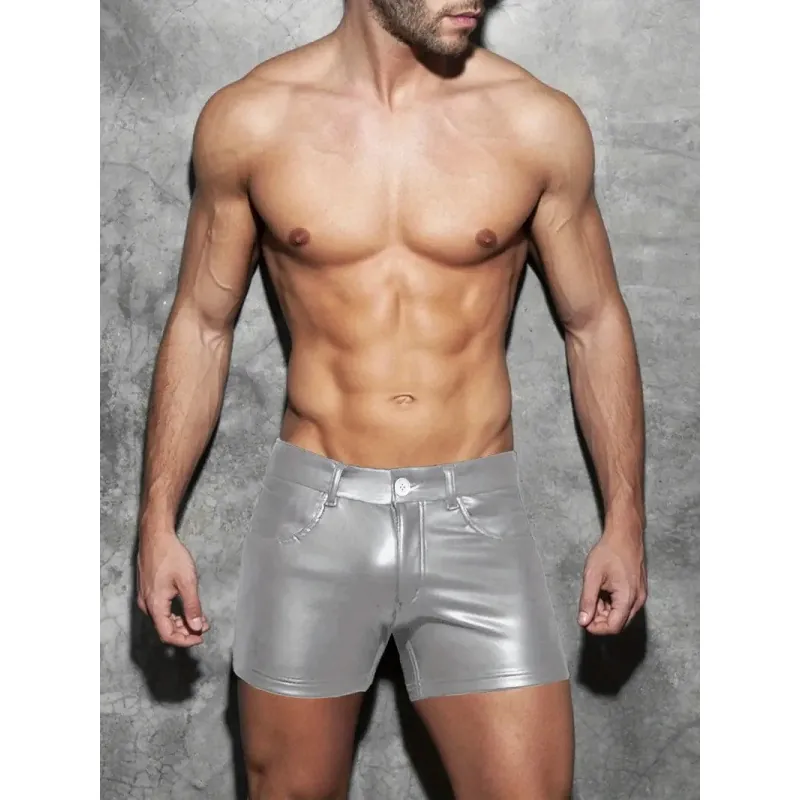 Men PU Leather Shorts Sexy Metallic Solid Color Slim Fit Faux Leather Hot Pants Party Clubwear Fashion Bottoms