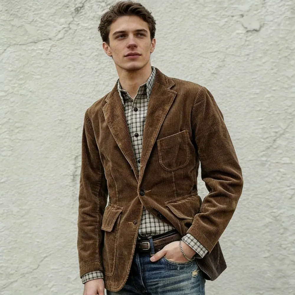 Men British Retro Corduroy Blazer Jacket Casual Solid Color Single Breasted Sport Coat With Pockets For Autumn Winter