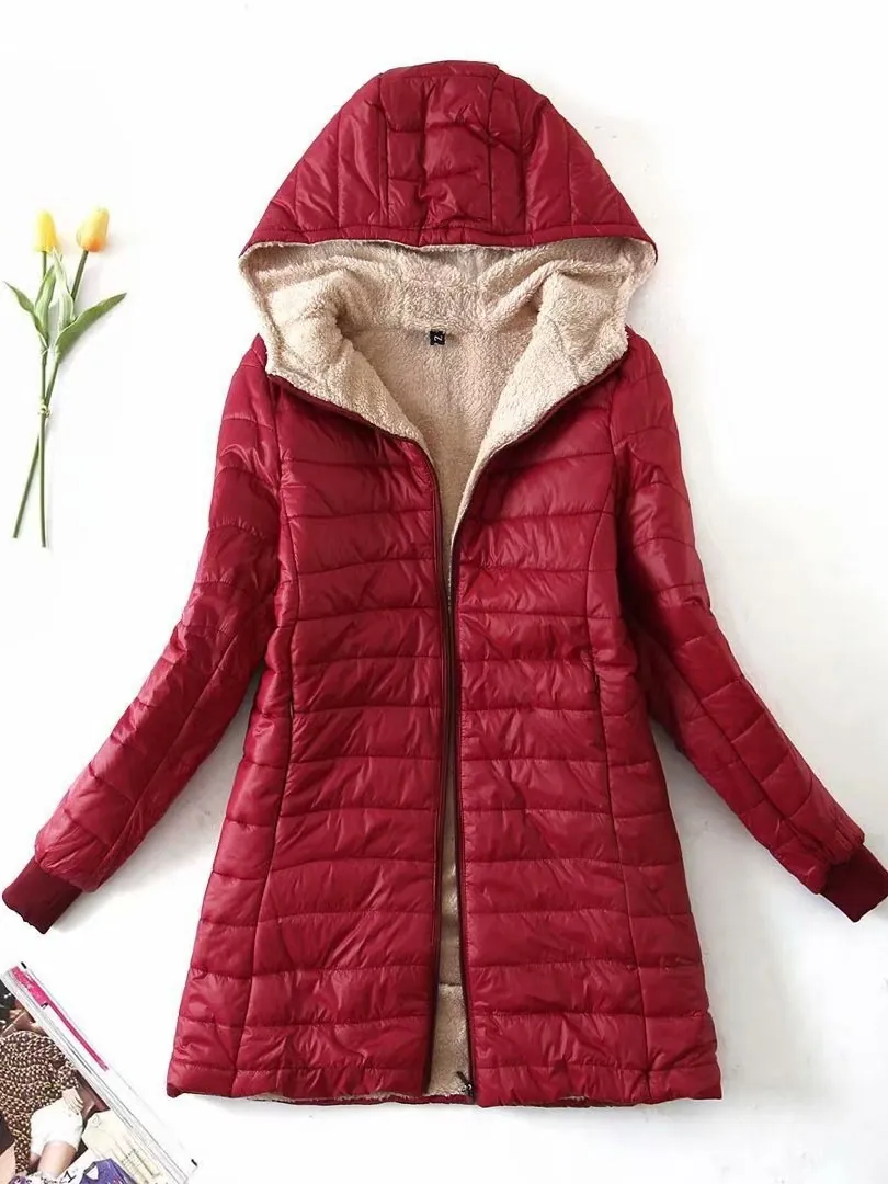 Chaqueta Acolchada de Mujer Invierno Longitud Media Con Capucha Forro de Sherpa Abrigo Ajustado Cortavientos Cálido Top