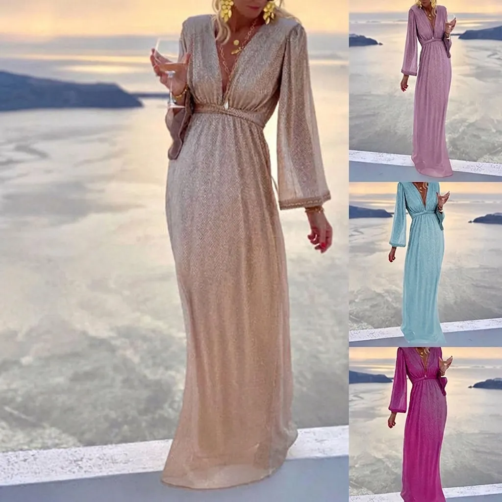 Women Elegant V-Neck Long Sleeve Sequin Maxi Dress Luxurious Glitter Evening Party Dress Wedding Guest Formal Gown Long Dress