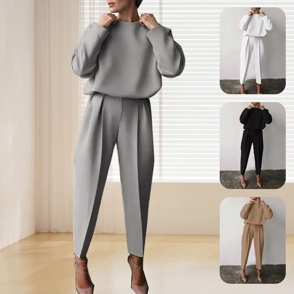 Women Linen Blend Top And Bottom Set Solid Color Long Sleeve Casual Lounge Wear High Waist Straight Pants Suit