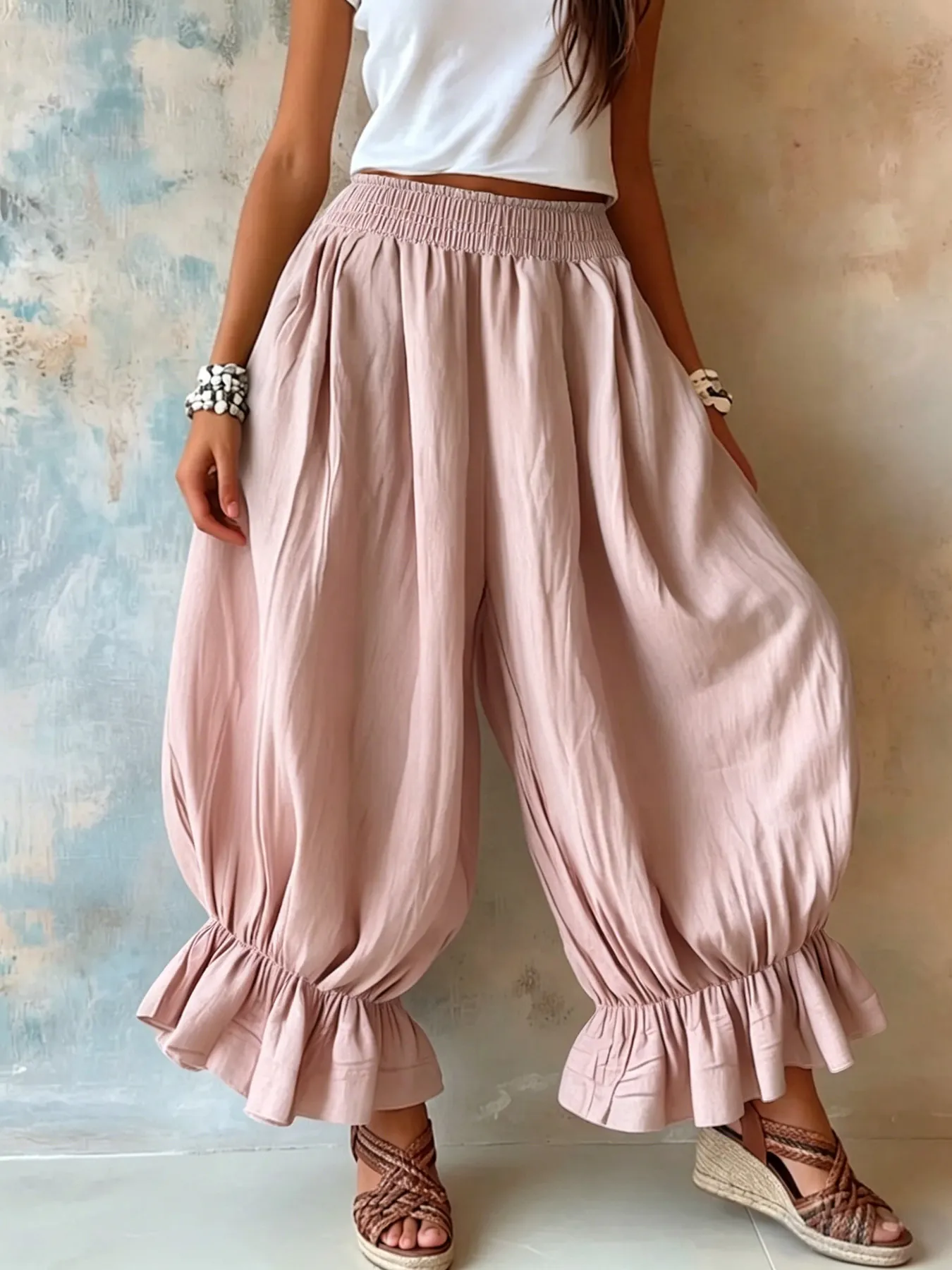 Women's Casual Cotton Linen Blend Ruffle Lantern Pants Loose Boho Harem Trousers With Elastic Waist Flare Bloomers For Summer