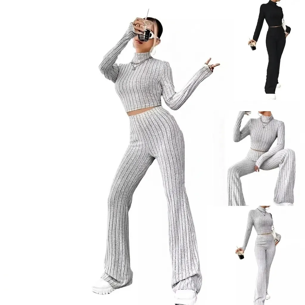 Completo Top E Pantaloni In Maglia A Costine Da Donna Tinta Unita Manica Lunga Collo Alto Crop Top Pantaloni A Zampa