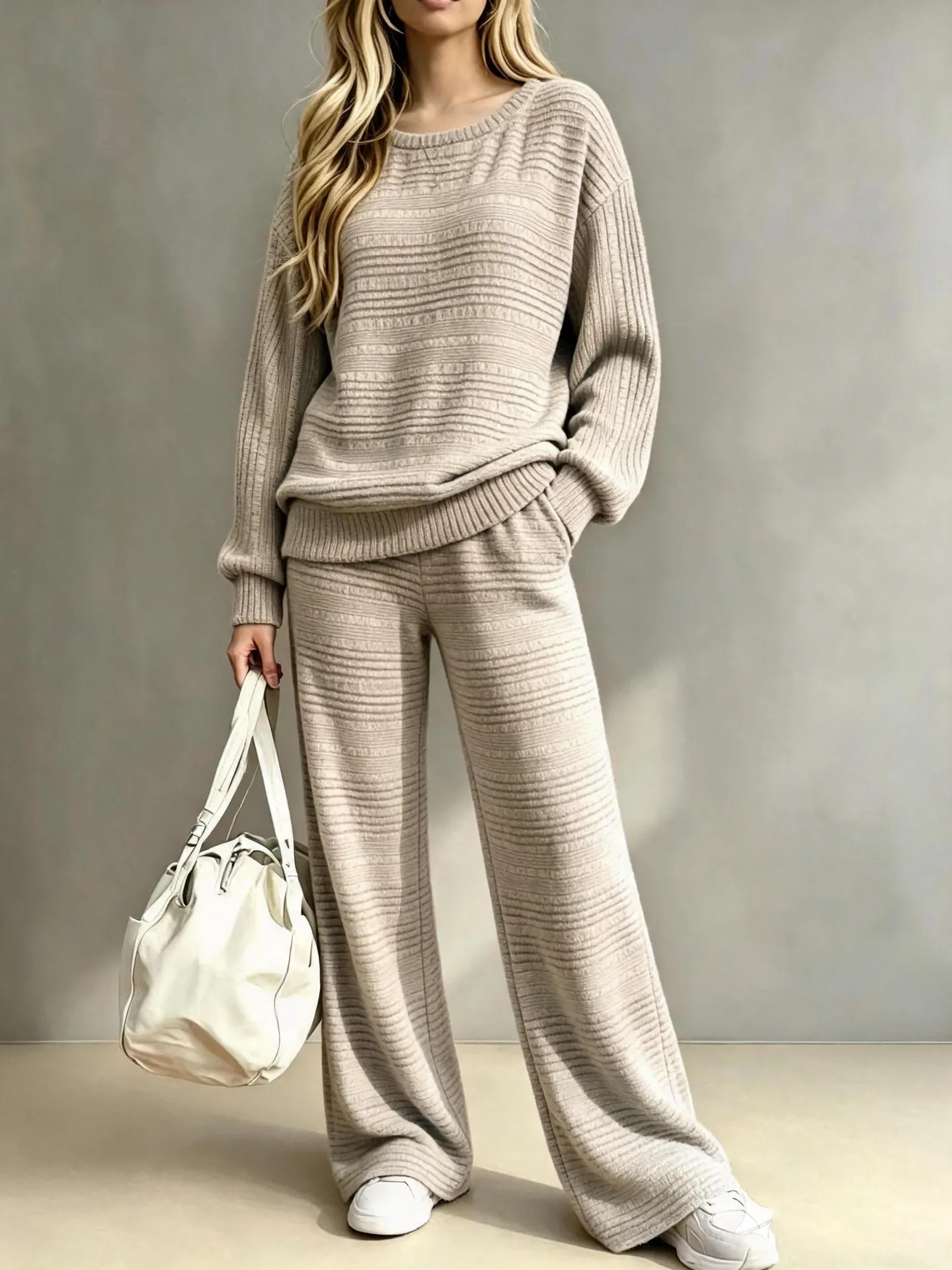 Women's Ribbed Knit Top And Bottom Set Casual Long Sleeve Round Neck Top And Wide Leg Pants Autumn Winter Lounge Wear