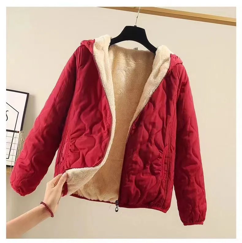Women Hooded Padded Jacket Quilted Pattern Warm Winter Coat Polyester Lining Solid Color Zip Up Short Style Puffer Top