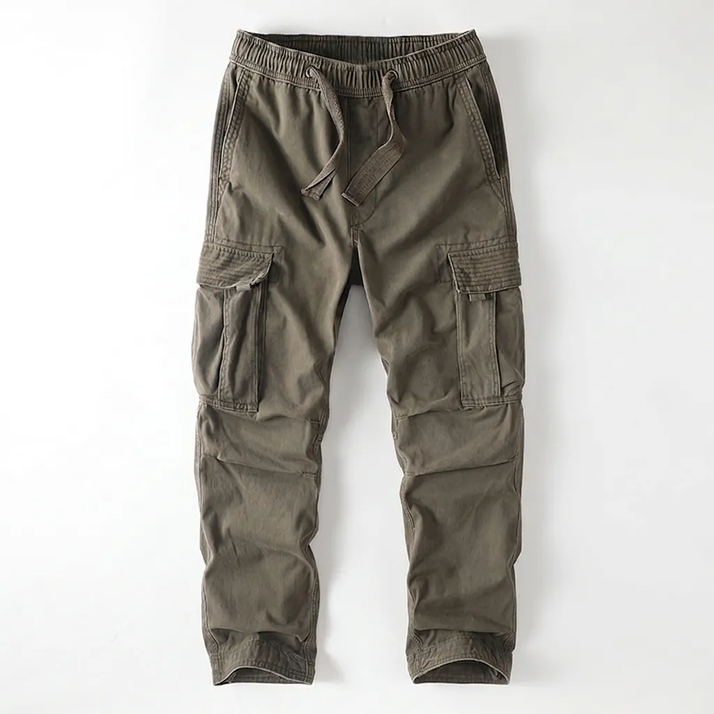 Men American Retro Cargo Pants Multi-Pocket Loose Straight Outdoor Jogger Casual Cotton Trousers With Drawstring Waist